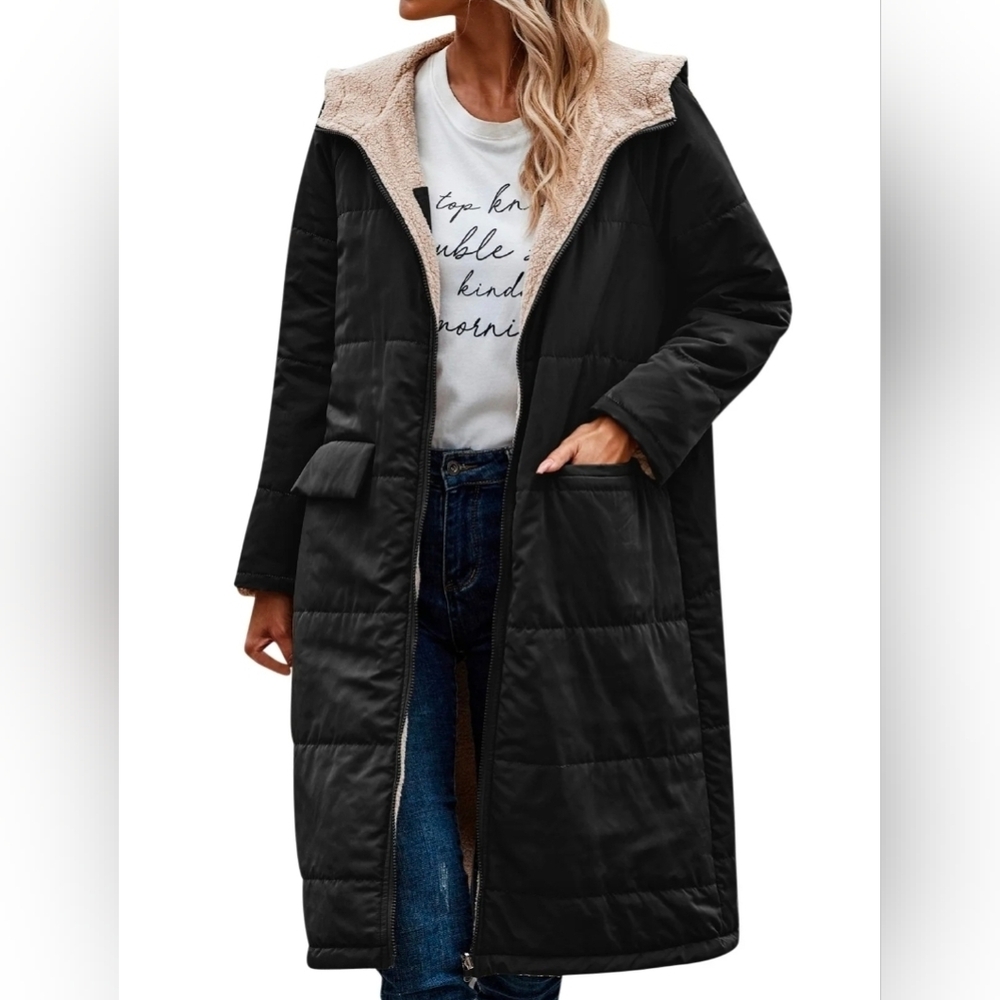 Womens Size 1X Reversible Hooded Long Thin Puffer Coat - Picture 2 of 7